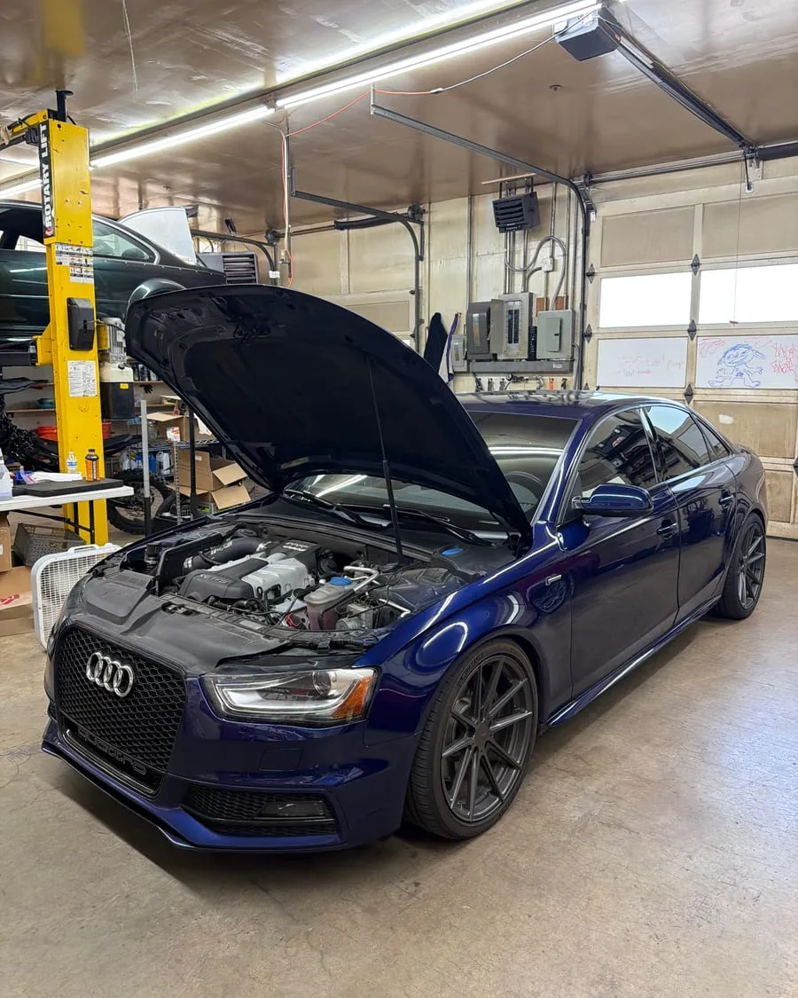 Blue Audi B8.5 S4 in the shop for a full synthetic oil change and multi-point inspection at PDXEuroWerks in Portland, Oregon