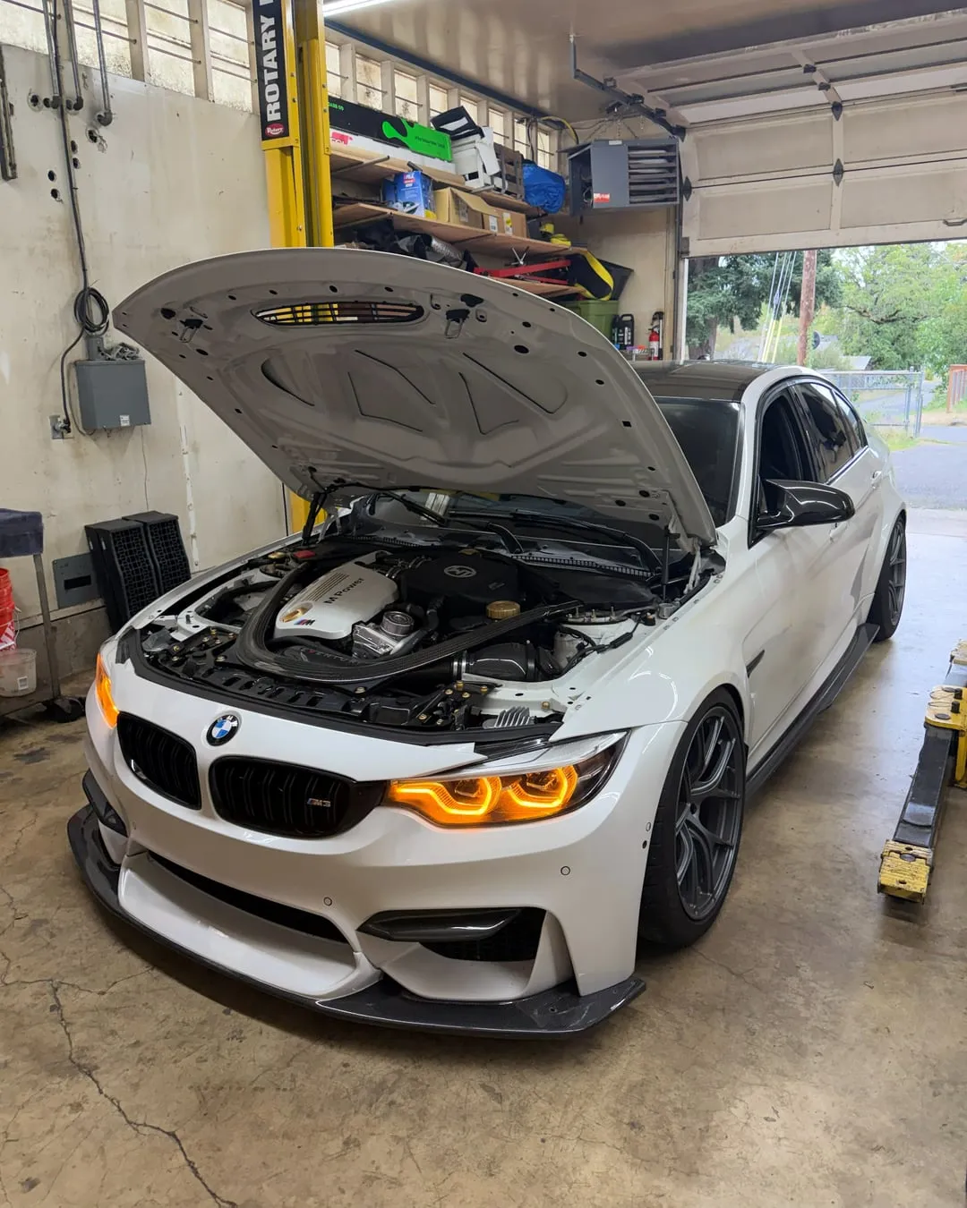 BMW maintenance in Portland, OR: a white F80 M3 with the hood up for a full fluid service before a long road trip to San Diego at PDXEuroWerks
