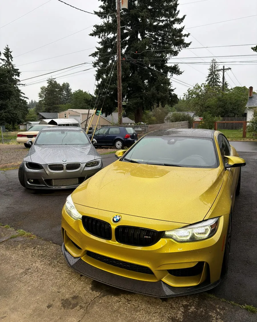 Austin Yellow BMW F82 M4 Competition after a catless downpipe and midpipe install at PDXEuroWerks in Portland, Oregon