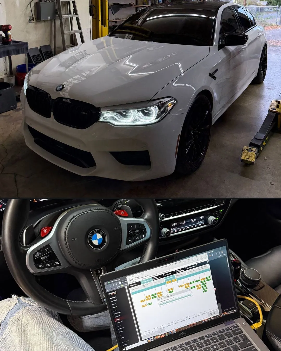 Used BMW pre-purchase inspection and written report in Portland, OR: a white F90 M5 Competition at PDXEuroWerks, with a full ISTA module scan running from the driver’s seat