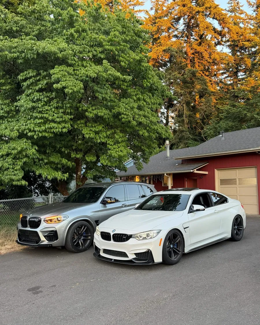 BMW F82 M4 at golden hour after a charge-cooler upgrade and oil-change service at PDXEuroWerks in Portland, Oregon