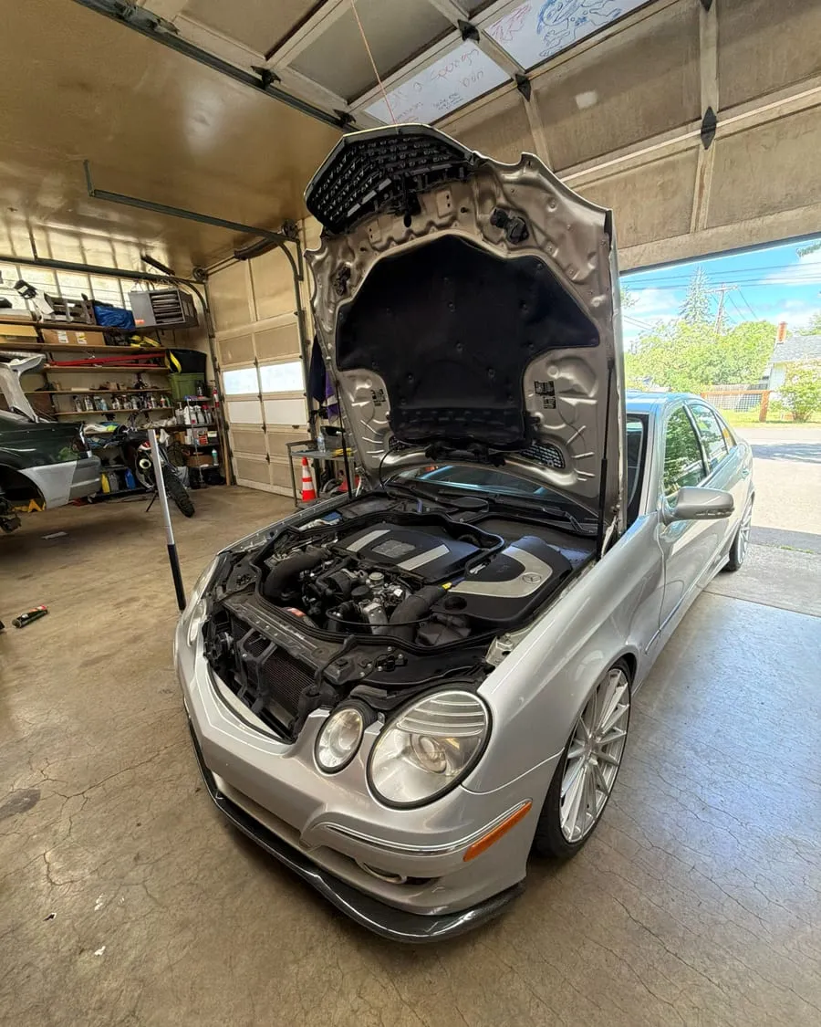 Silver Mercedes-Benz E350 in for an oil change and service at PDXEuroWerks, Portland European auto specialists in Oregon