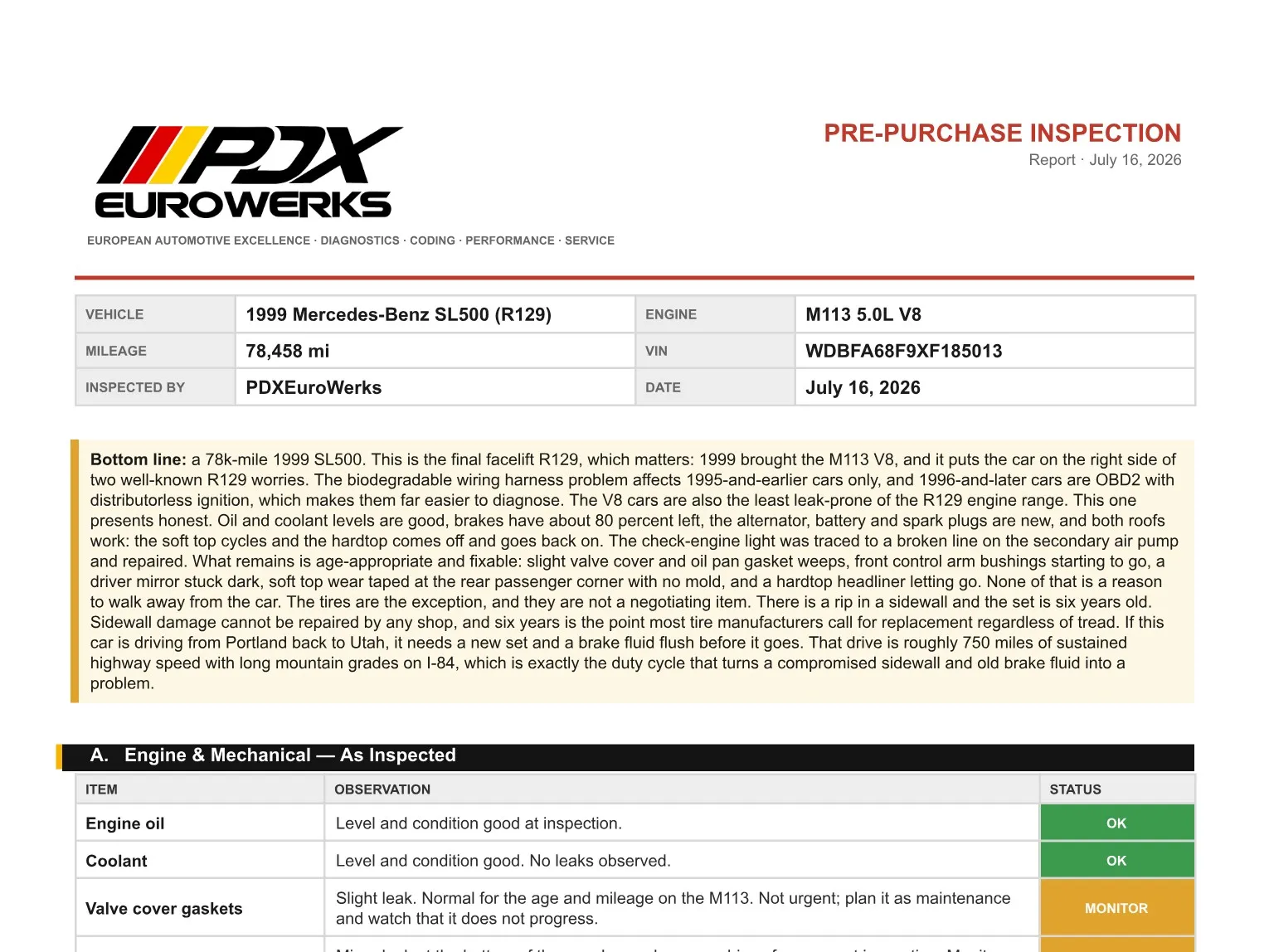 Sample PDXEuroWerks pre-purchase inspection report for a 1999 Mercedes-Benz SL500, showing the vehicle summary, bottom line, and inspection findings flagged OK, monitor, or attention